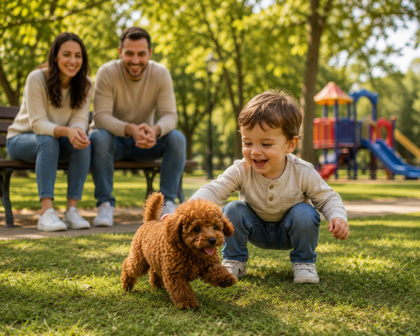 Un jeune enfant joue avec un Caniche Toy rouge brun sur l’herbe dans un parc.